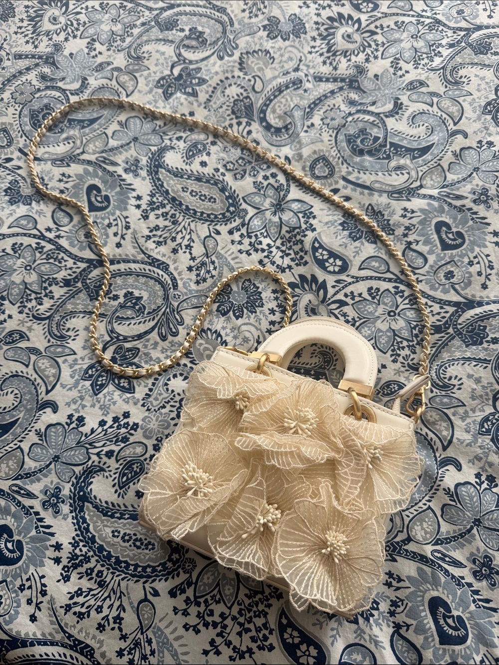 Aldo Elegant Cream Floral Appliqué Mini Crossbody Bag with Gold Chain